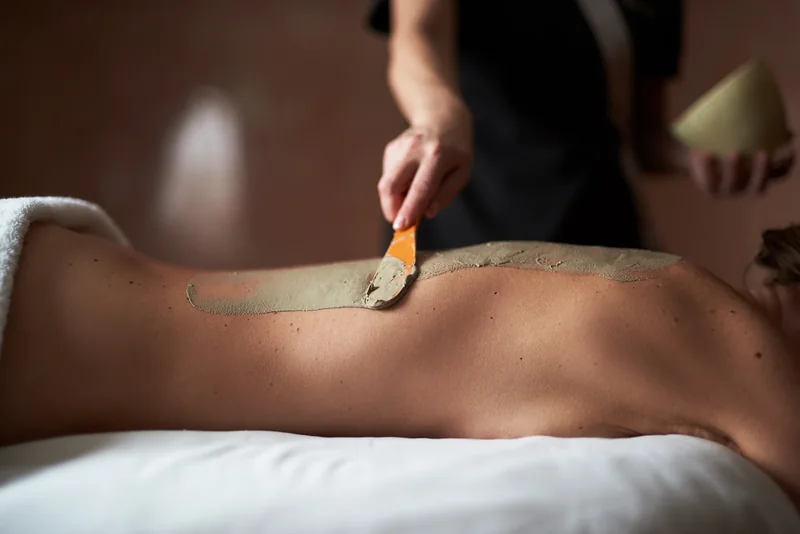 Aplicação de argila nas costas em ritual de spa